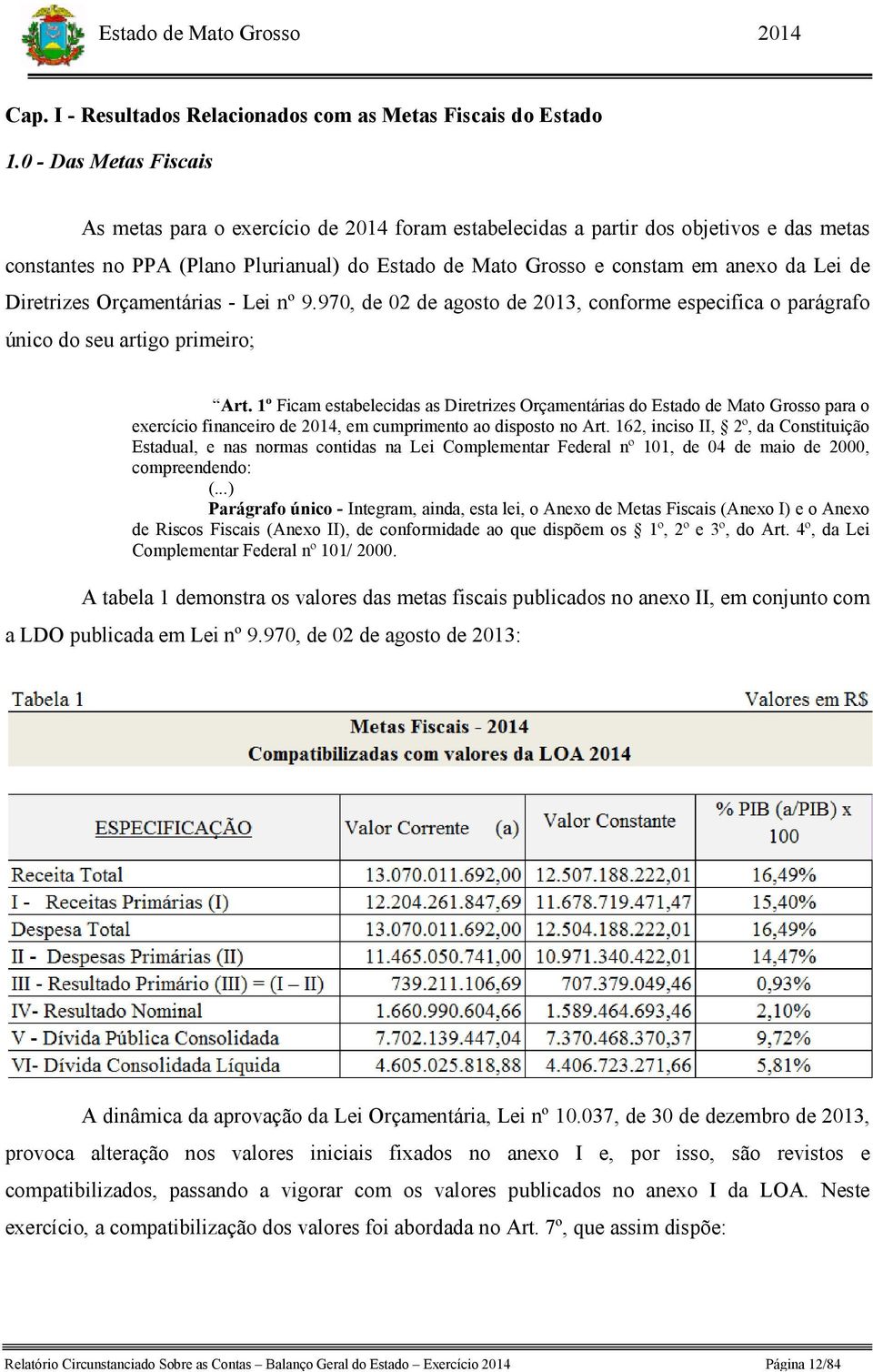 de Diretrizes Orçamentárias - Lei nº 9.970, de 02 de agosto de 2013, conforme especifica o parágrafo único do seu artigo primeiro; Art.