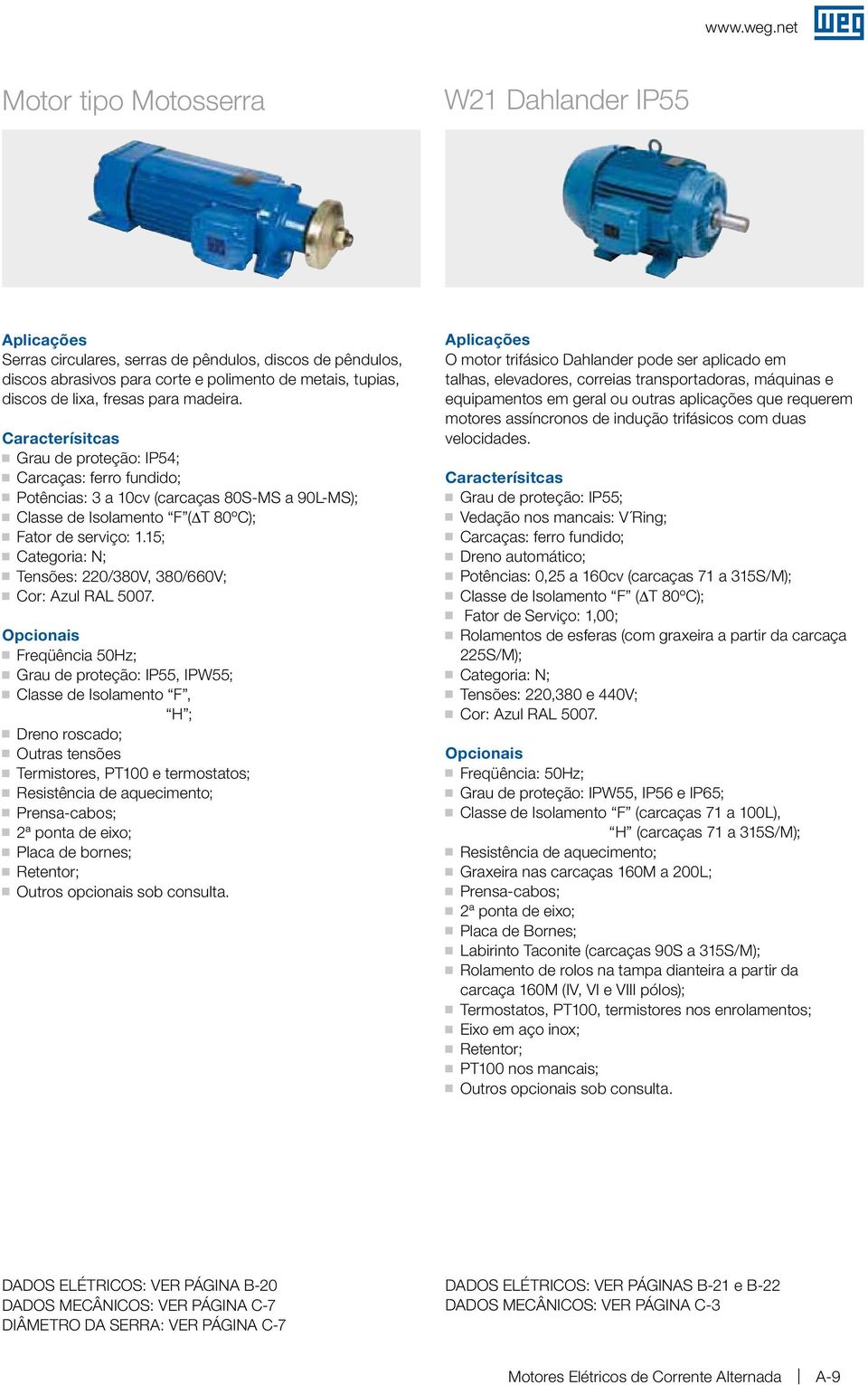 15; Categoria: N; Tesões: 220/380V, 380/660V; Cor: Azul RAL 5007.