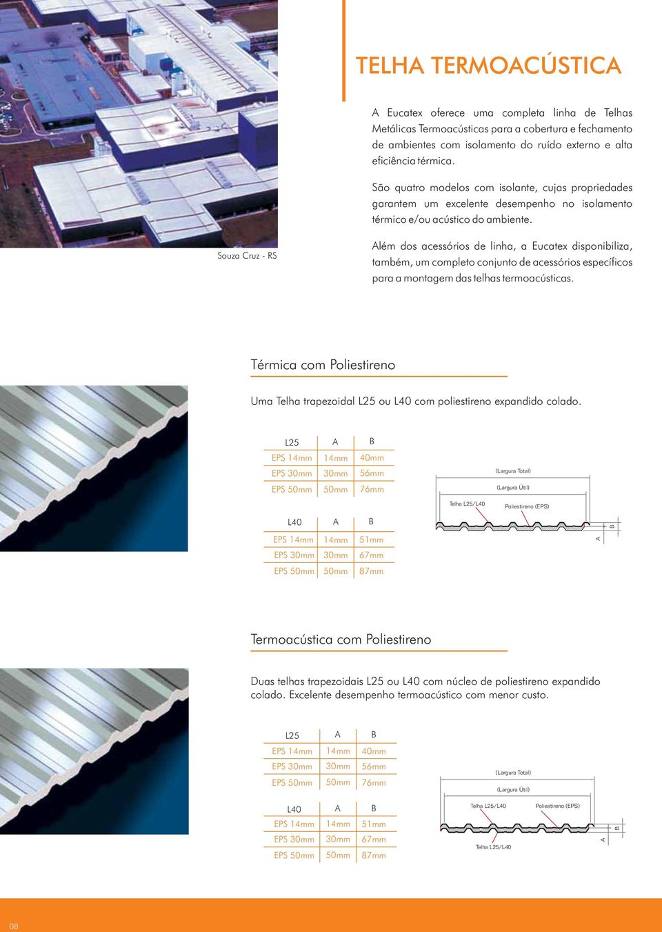 Souza Cruz - RS lém dos acessórios de linha, a Eucatex disponibiliza, também, um completo conjunto de acessórios específicos para a montagem das telhas termoacústicas.