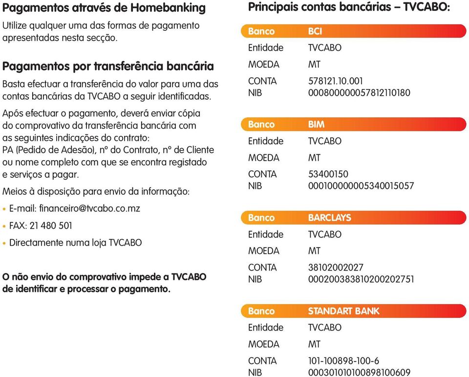 Após efectuar o pagamento, deverá enviar cópia do comprovativo da transferência bancária com as seguintes indicações do contrato: PA (Pedido de Adesão), nº do Contrato, nº de Cliente ou nome completo