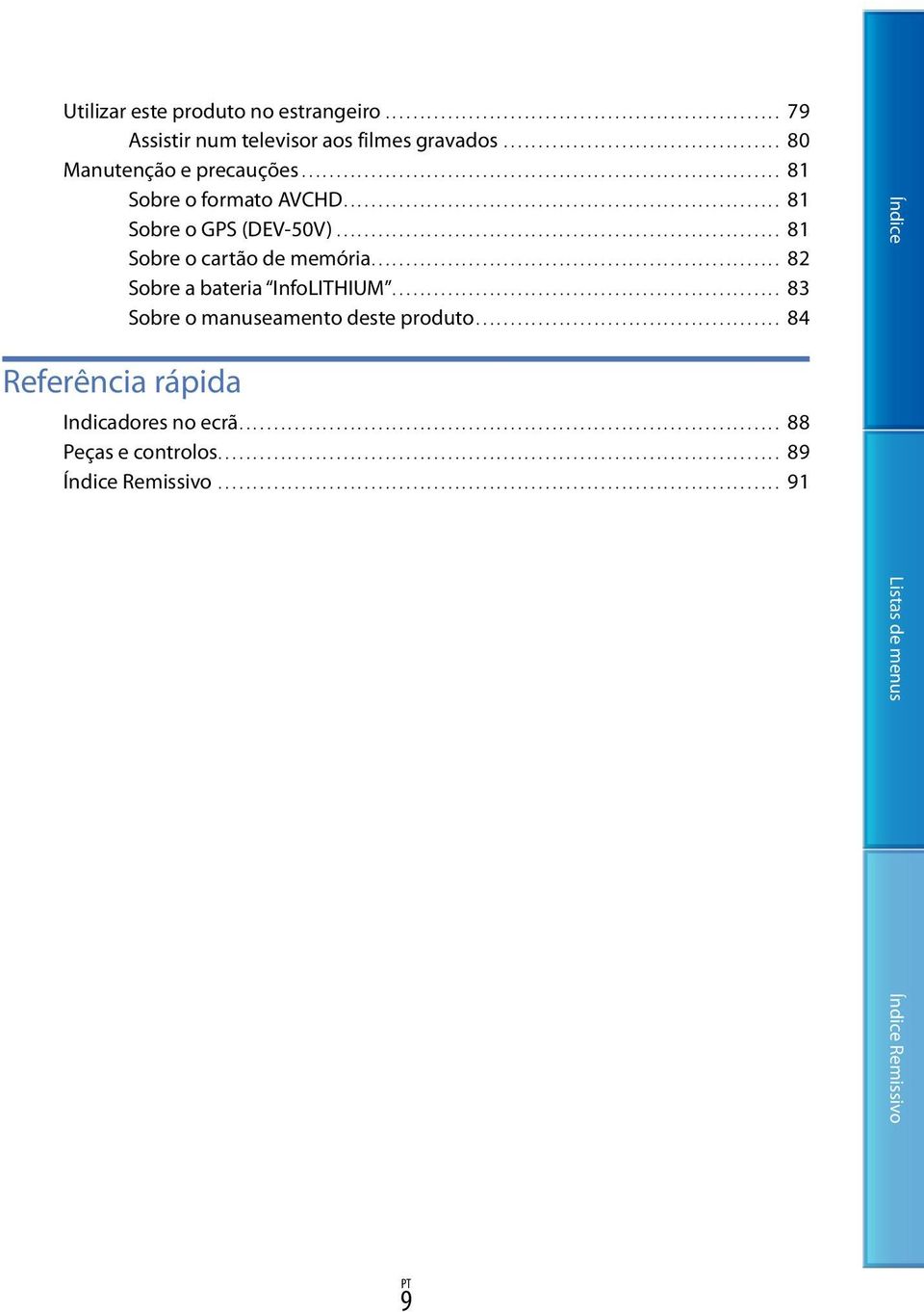 ................................................................ 81 Sobre o cartão de memória........................................................... 82 Sobre a bateria InfoLITHIUM.