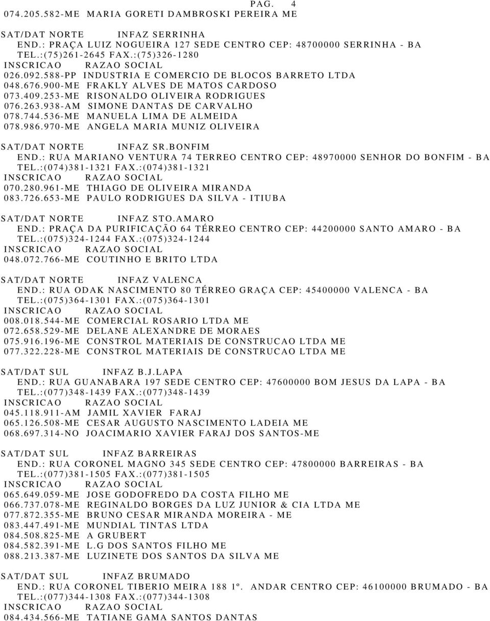 536-ME MANUELA LIMA DE ALMEIDA 078.986.970-ME ANGELA MARIA MUNIZ OLIVEIRA SAT/DAT NORTE INFAZ SR.BONFIM END.: RUA MARIANO VENTURA 74 TERREO CENTRO CEP: 48970000 SENHOR DO BONFIM - BA TEL.