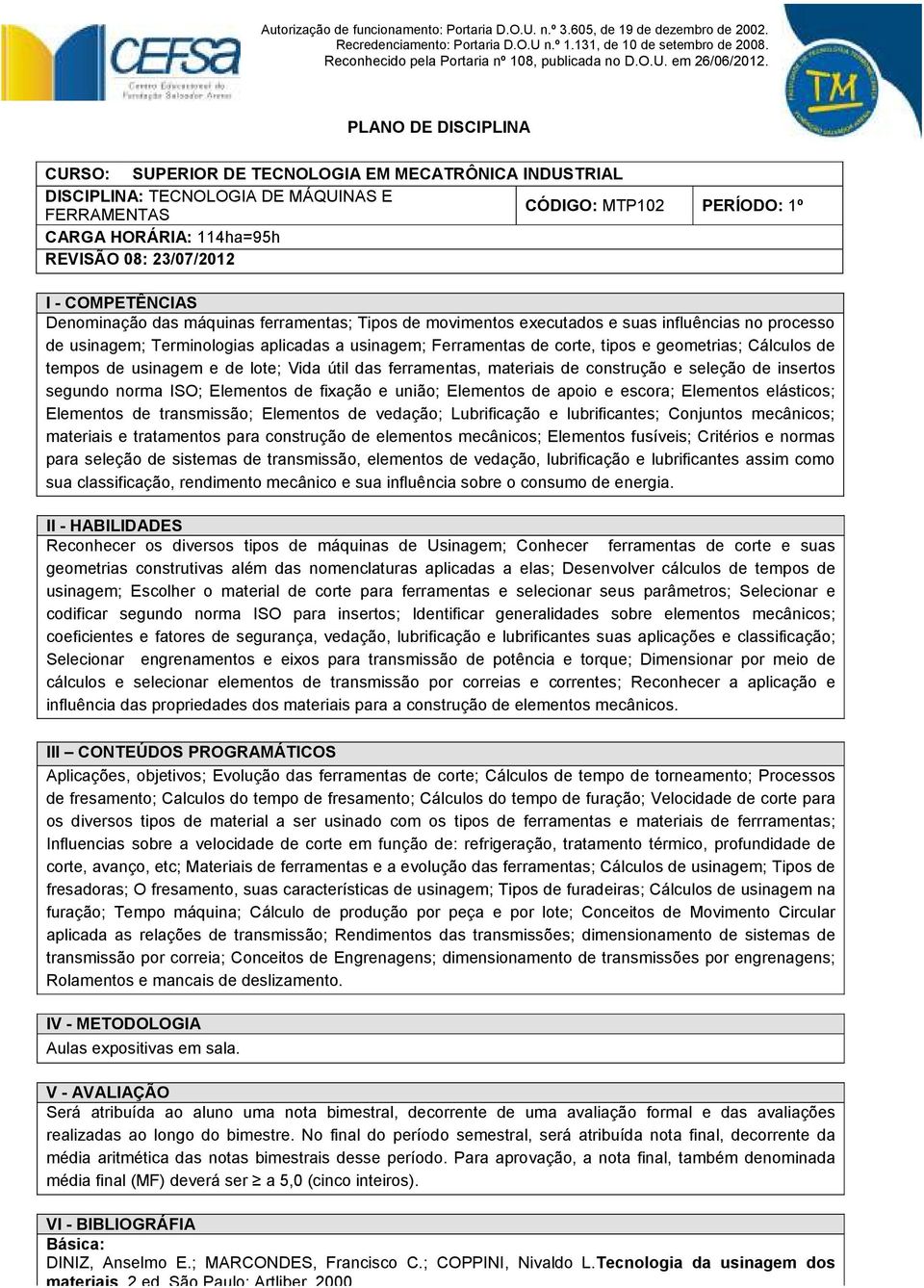 seleção de insertos segundo norma ISO; Elementos de fixação e união; Elementos de apoio e escora; Elementos elásticos; Elementos de transmissão; Elementos de vedação; Lubrificação e lubrificantes;