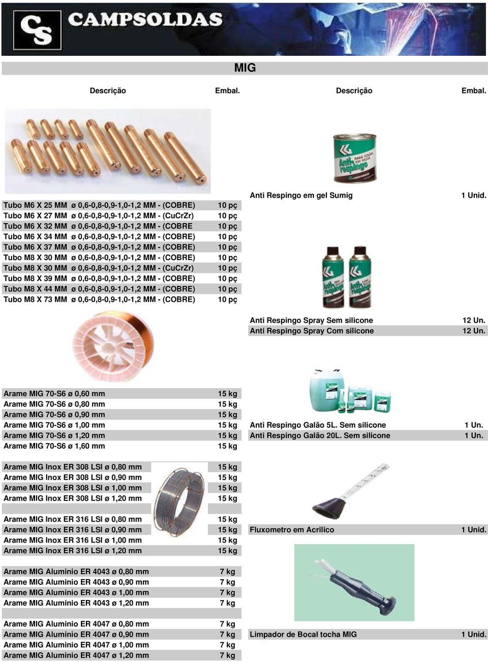 Tubo M6 X 25 MM ø 0,6-0,8-0,9-1,0-1,2 MM - (COBRE) Tubo M6 X 27 MM ø 0,6-0,8-0,9-1,0-1,2 MM - (CuCrZr) Tubo M6 X 32 MM ø 0,6-0,8-0,9-1,0-1,2 MM - (COBRE Tubo M6 X 34 MM ø 0,6-0,8-0,9-1,0-1,2 MM -