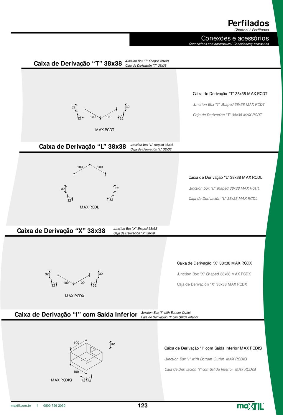 CDL Caixa de Derivação X x Junction Box "X" Shaped x Caja de Derivación "X" x Caixa de Derivação X x MAX P.CDX Junction Box "X" Shaped x MAX P.CDX 100 100 Caja de Derivación "X" x MAX P.CDX MAX P.