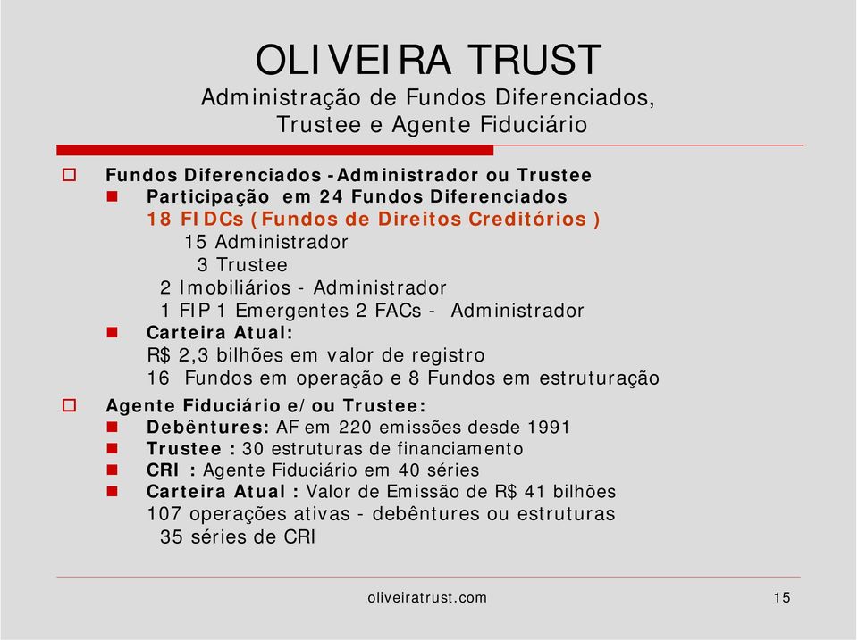 Administrador 1 FIP 1 Emergentes 2 FACs - Administrador " Carteira Atual: R$ 2,3 bilhões em valor de registro 16 Fundos em operação e 8 Fundos em estruturação!