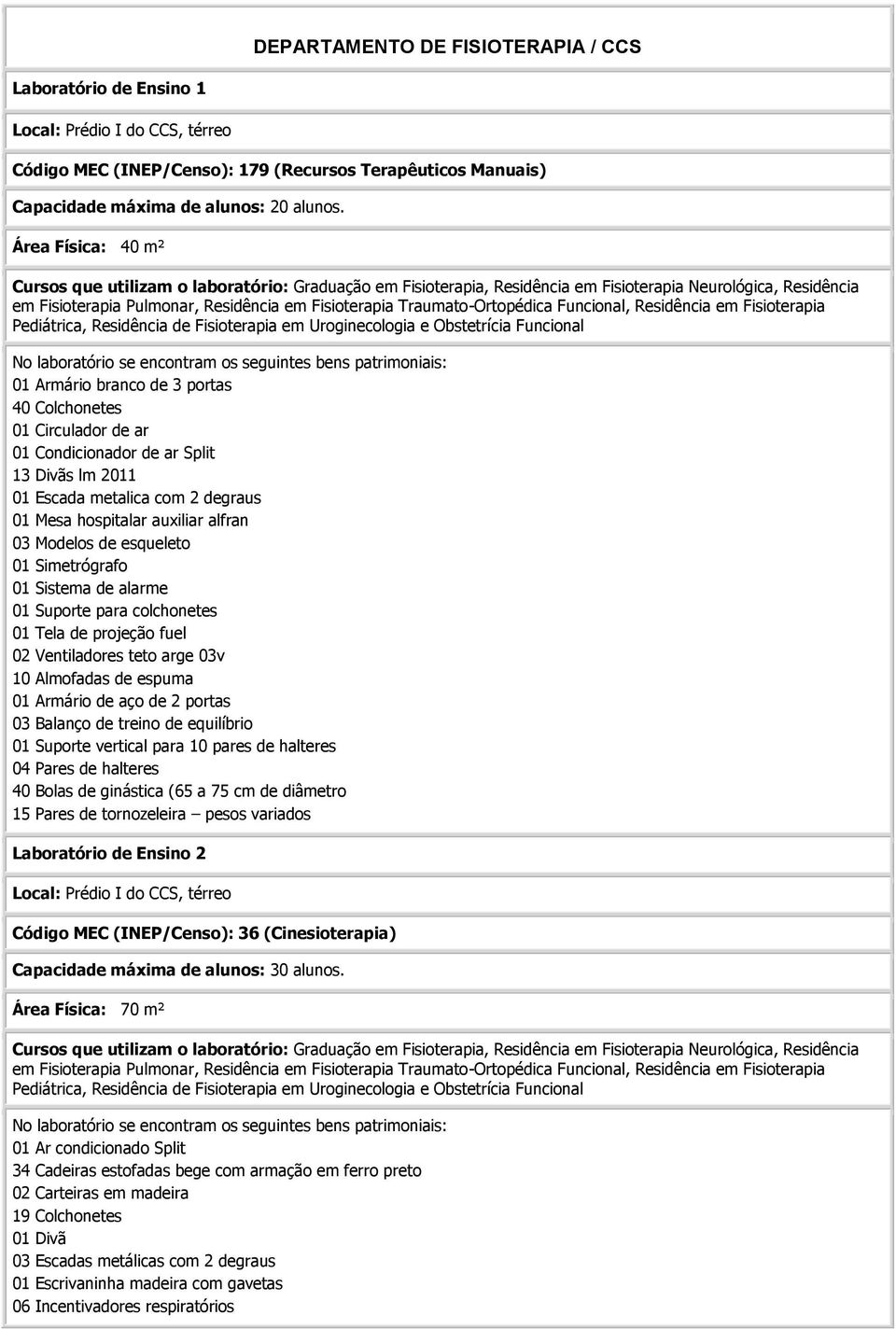 Traumato-Ortopédica Funcional, Residência em Fisioterapia Pediátrica, Residência de Fisioterapia em Uroginecologia e Obstetrícia Funcional 01 Armário branco de 3 portas 40 Colchonetes 01 Circulador