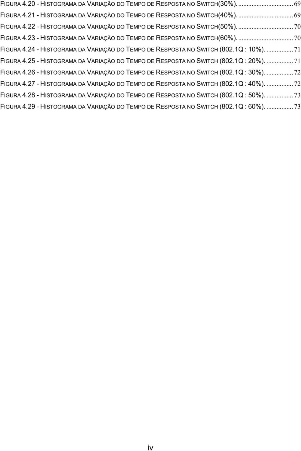 25 - HISTOGRAMA DA VARIAÇÃO DO TEMPO DE RESPOSTA NO SWITCH (802.1Q : 20%).... 71 FIGURA 4.26 - HISTOGRAMA DA VARIAÇÃO DO TEMPO DE RESPOSTA NO SWITCH (802.1Q : 30%).... 72 FIGURA 4.