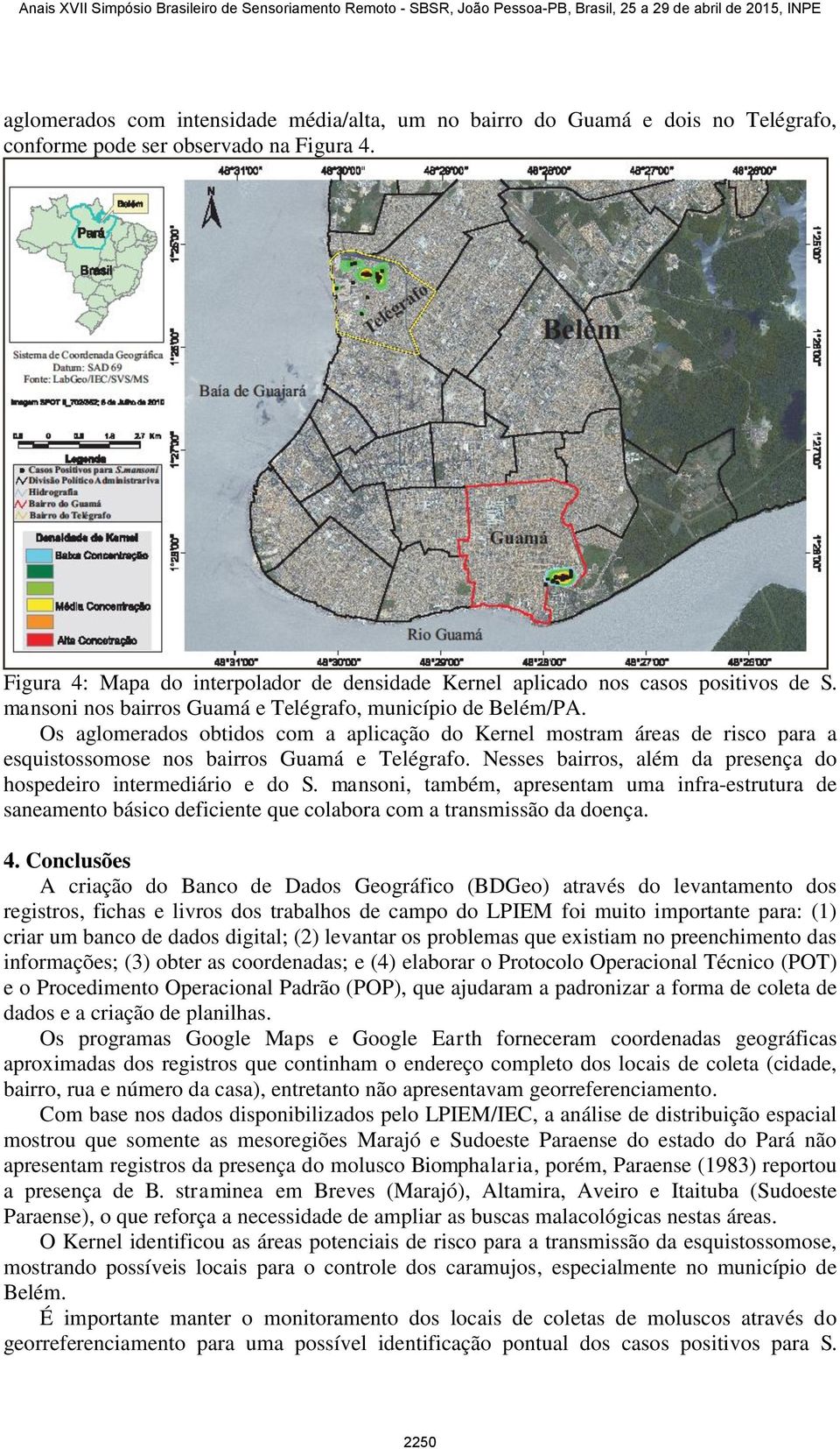 Os aglomerados obtidos com a aplicação do Kernel mostram áreas de risco para a esquistossomose nos bairros Guamá e Telégrafo. Nesses bairros, além da presença do hospedeiro intermediário e do S.