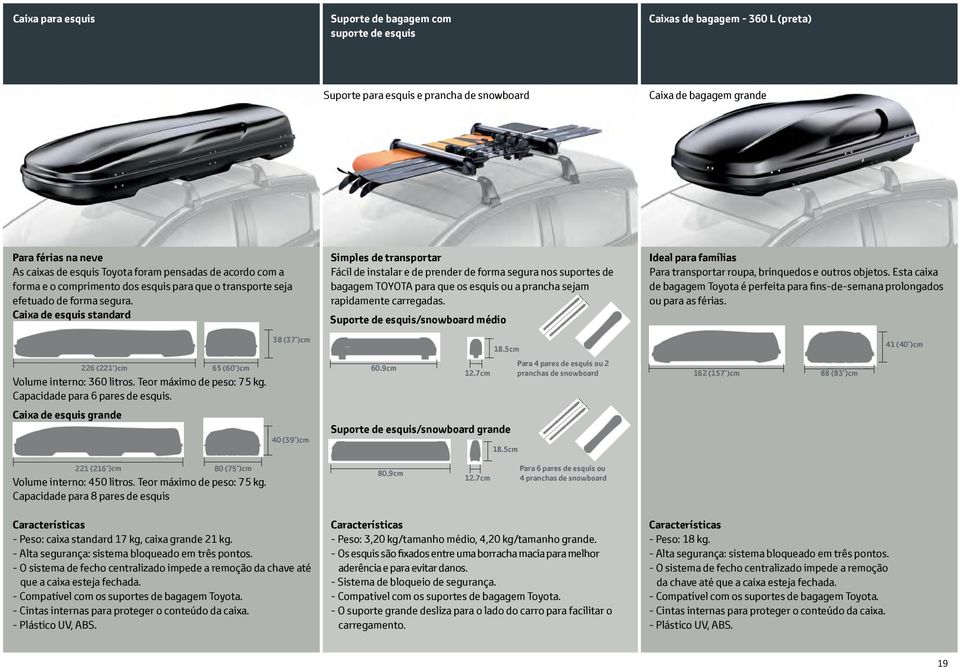 Caixa de esquis standard Simples de transportar Fácil de instalar e de prender de forma segura nos suportes de bagagem TOYOTA para que os esquis ou a prancha sejam rapidamente carregadas.