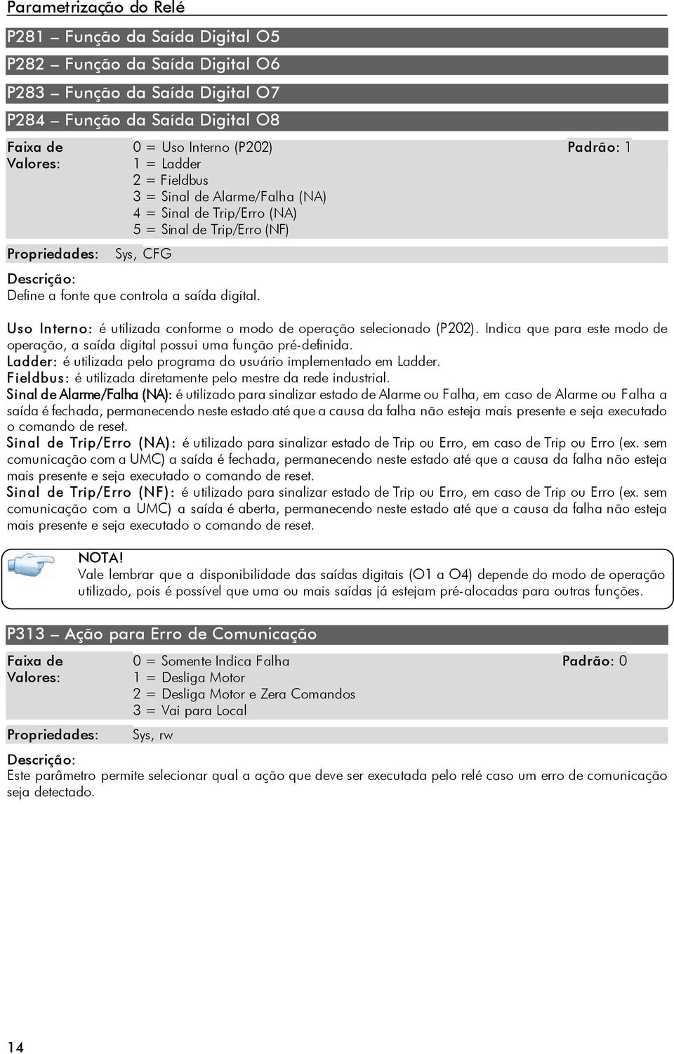 Uso Interno: é utilizada conforme o modo de operação selecionado (P202). Indica que para este modo de operação, a saída digital possui uma função pré-definida.