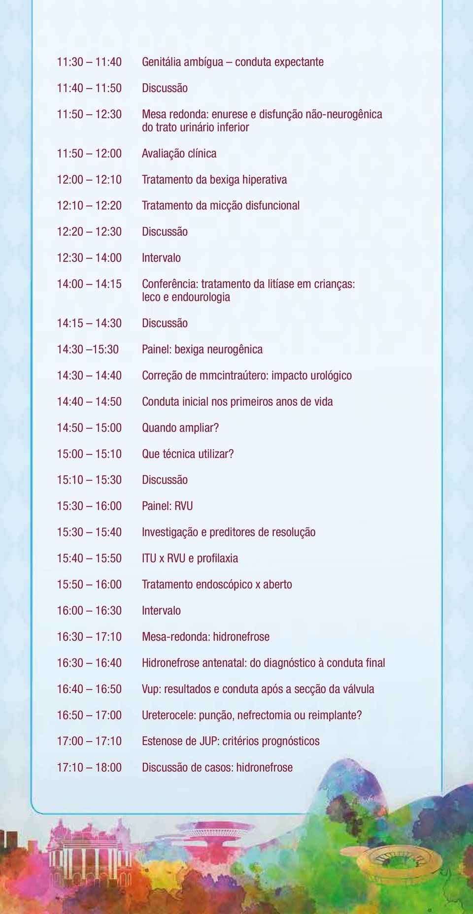 endourologia 14:15 14:30 Discussão 14:30 15:30 Painel: bexiga neurogênica 14:30 14:40 Correção de mmcintraútero: impacto urológico 14:40 14:50 Conduta inicial nos primeiros anos de vida 14:50 15:00