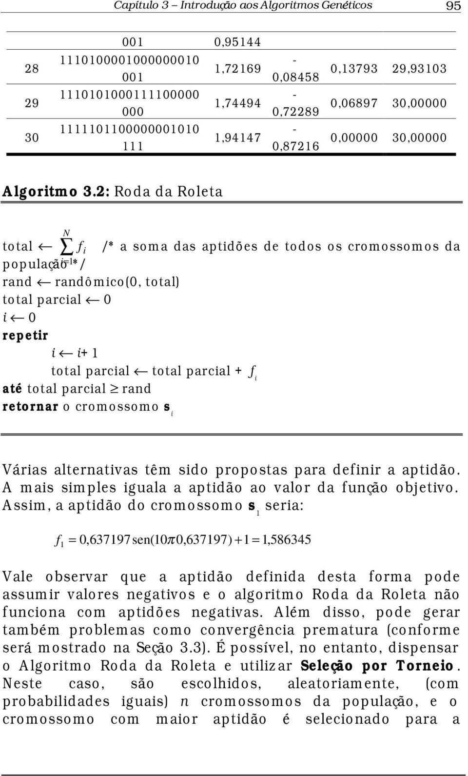 2: Ro da da Roleta N total f i /* a soma das aptid es de todos os cromossomos da populaç o i= 1*/ rand randô m ico(0, total) total parcial 0 i 0 rep etir i i+ 1 total parcial total parcial + f i até