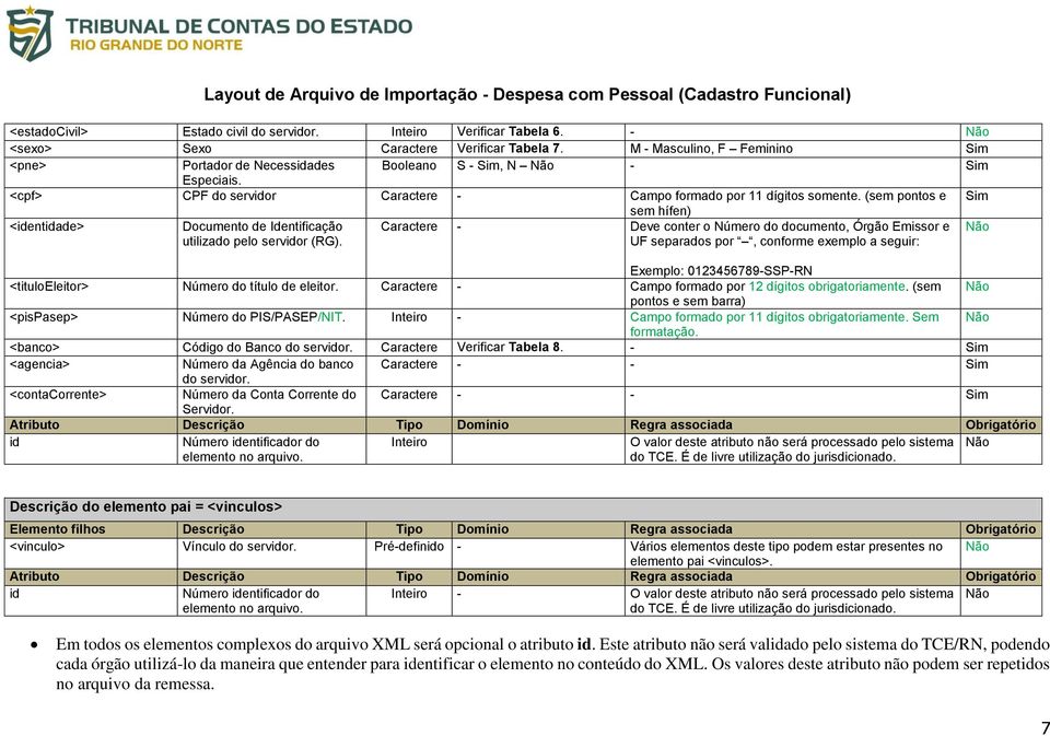 (sem pontos e Sim sem hífen) <identidade> Documento de Identificação utilizado pelo servidor (RG).