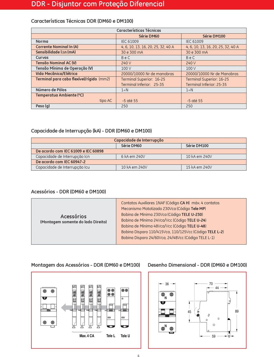 40 A 30 e 300 ma B e C 240 V 100 V 20000/10000 Nr de manobras Terminal Superior: 16-25 Terminal Inferior: 25-35 1+N -5 até 55 250 Série DM100 IEC 61009 4, 6, 10, 13, 16, 20, 25, 32, 40 A 30 e 300 ma