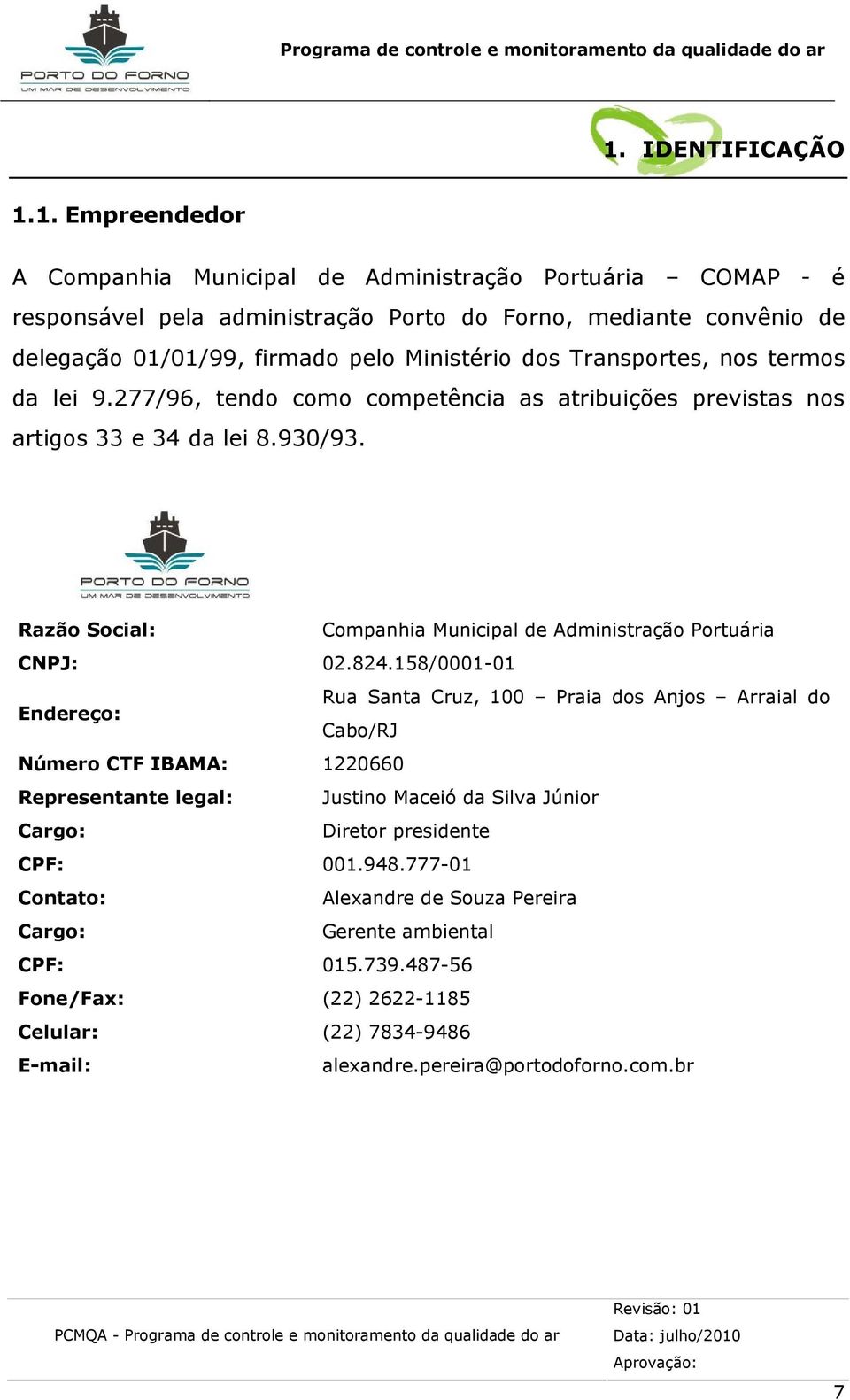 Razão Social: Companhia Municipal de Administração Portuária CNPJ: 02.824.