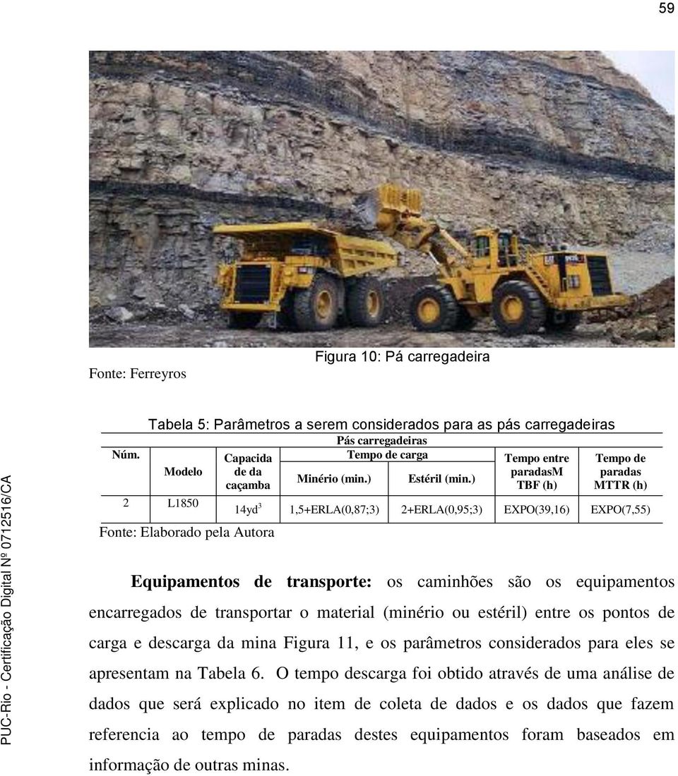 ) caçamba TBF (h) MTTR (h) 2 L1850 Fonte: Elaborado pela Autora 14yd 3 1,5+ERLA(0,87;3) 2+ERLA(0,95;3) EXPO(39,16) EXPO(7,55) Equipamentos de transporte: os caminhões são os equipamentos encarregados