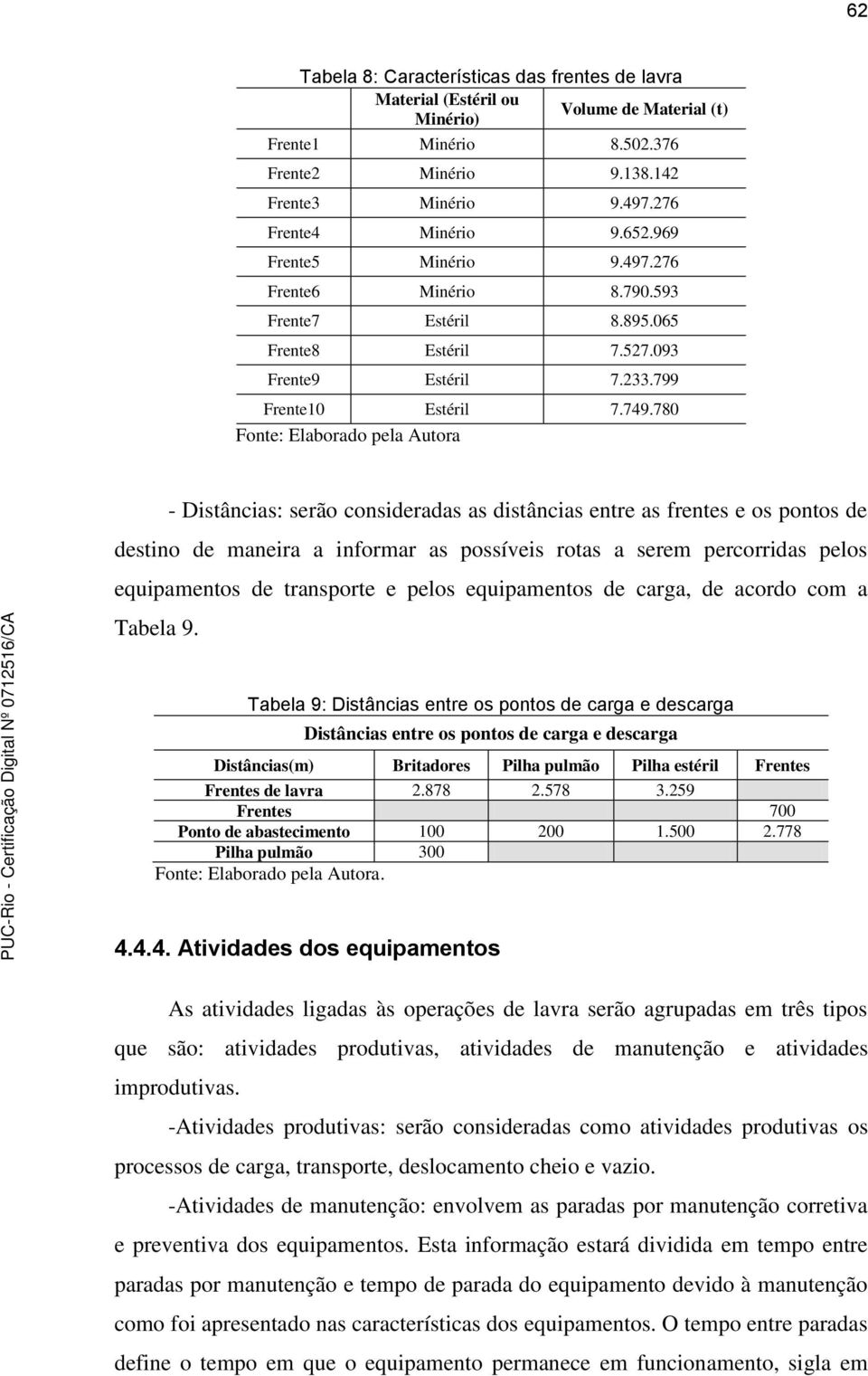 780 Fonte: Elaborado pela Autora - Distâncias: serão consideradas as distâncias entre as frentes e os pontos de destino de maneira a informar as possíveis rotas a serem percorridas pelos equipamentos