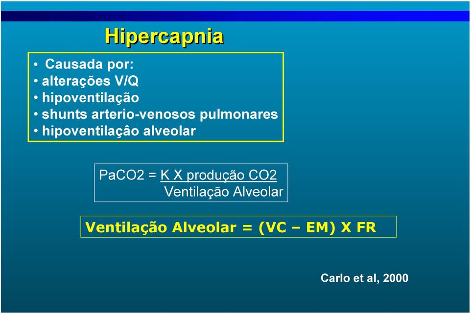 hipoventilaçâo alveolar PaCO2 = K X produção CO2