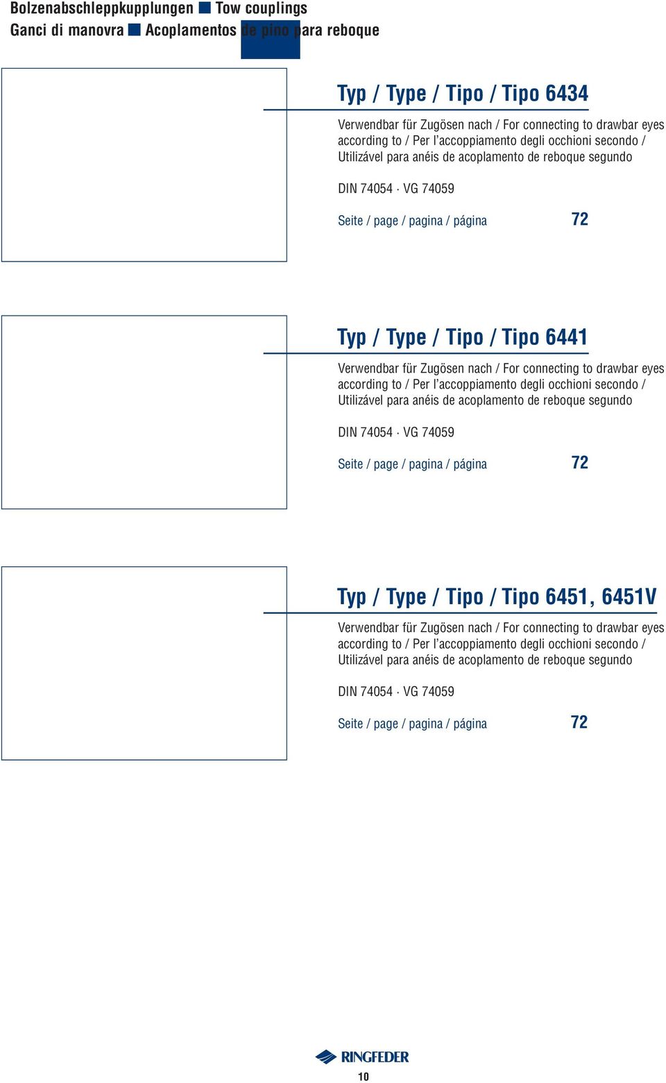 74054 VG 74059 Seite / page / pagina / página 72 Typ / Type / Tipo / Tipo 6441 Verwendbar für Zugösen nach / For connecting to drawbar eyes according to / Per l accoppiamento degli occhioni secondo /