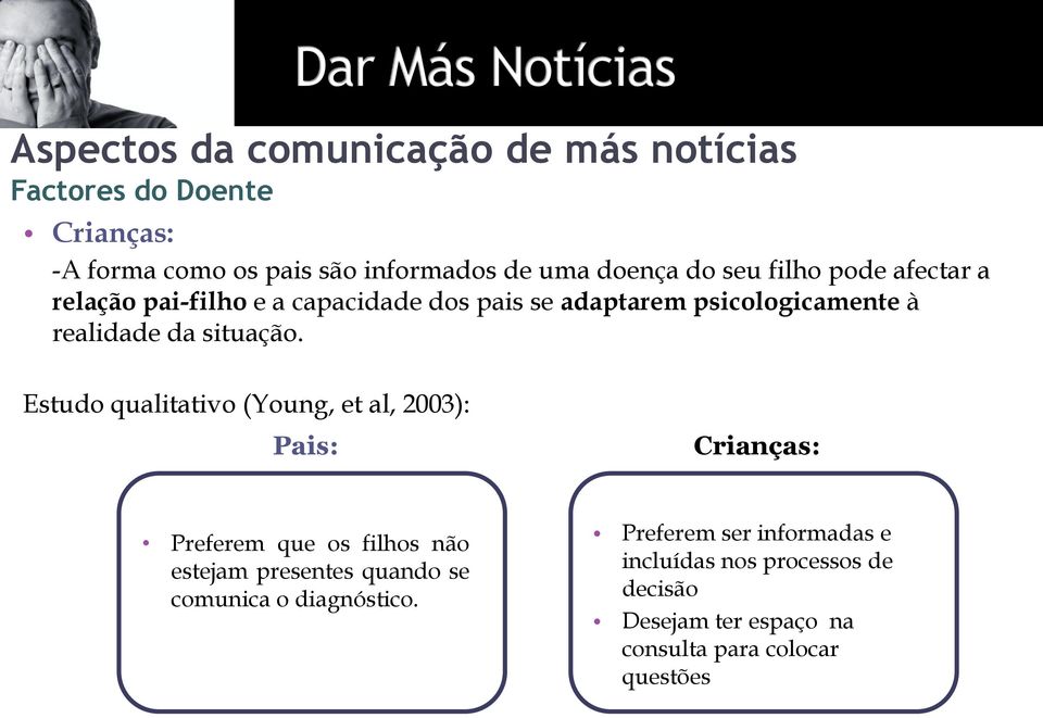 Estudo qualitativo (Young, et al, 2003): Pais: Crianças: Preferem que os filhos não estejam presentes quando se comunica o