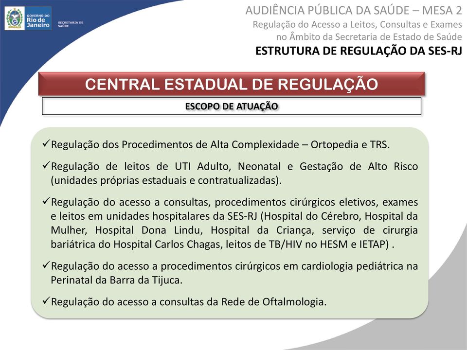 Regulação do acesso a consultas, procedimentos cirúrgicos eletivos, exames e leitos em unidades hospitalares da SES-RJ (Hospital do Cérebro, Hospital da Mulher, Hospital Dona