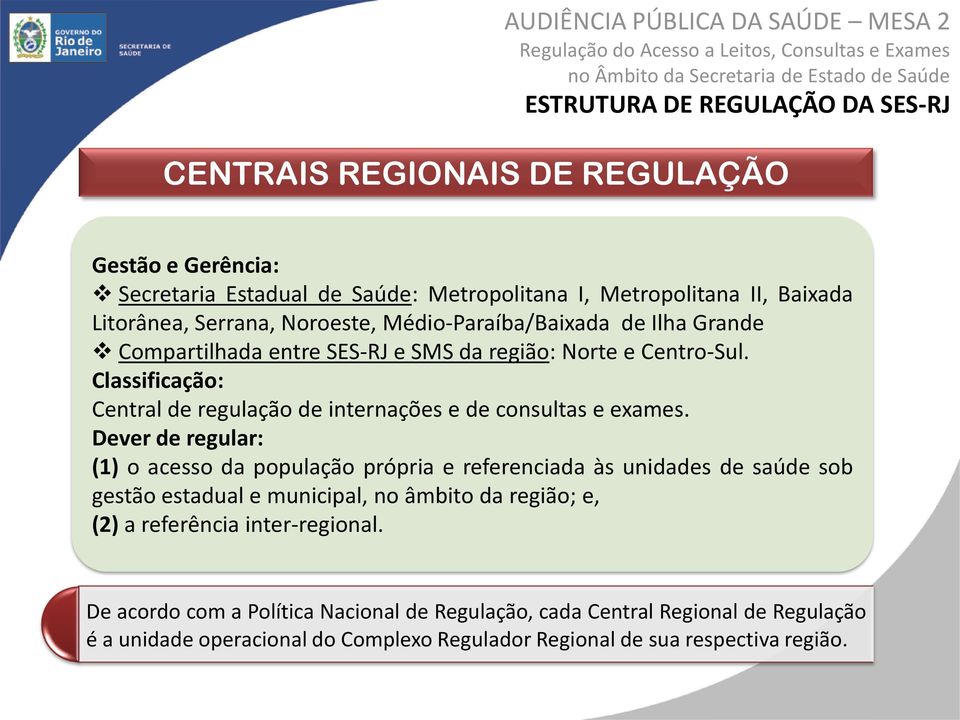 Classificação: Central de regulação de internações e de consultas e exames.