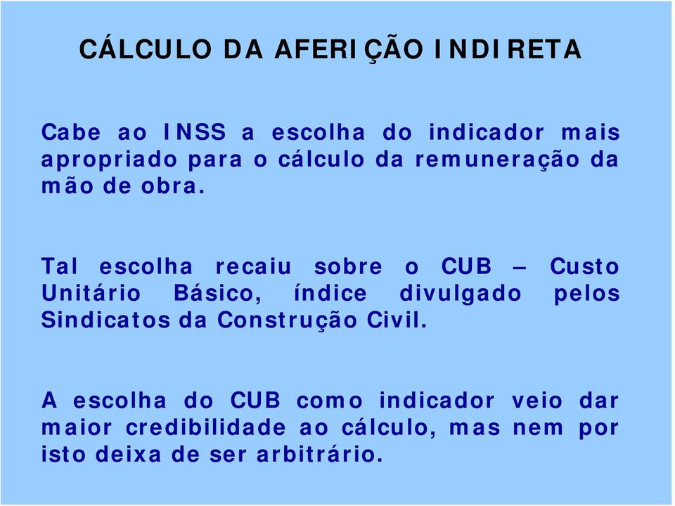 Tal escolha recaiu sobre o CUB Custo Unitário Básico, índice divulgado pelos Sindicatos