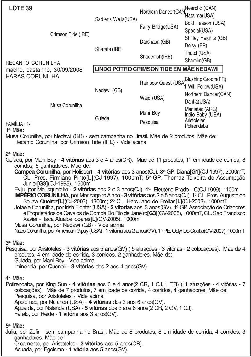 I Will Follow(USA) Wajd (USA) Dahlia(USA) Mani Boy Maniatao (ARG) Indio Baby (USA) Pesquisa Aristoteles FAMÍLIA: 1-j Potirendaba Musa Corunilha, por Nedawi (GB) - sem campanha no Brasil.