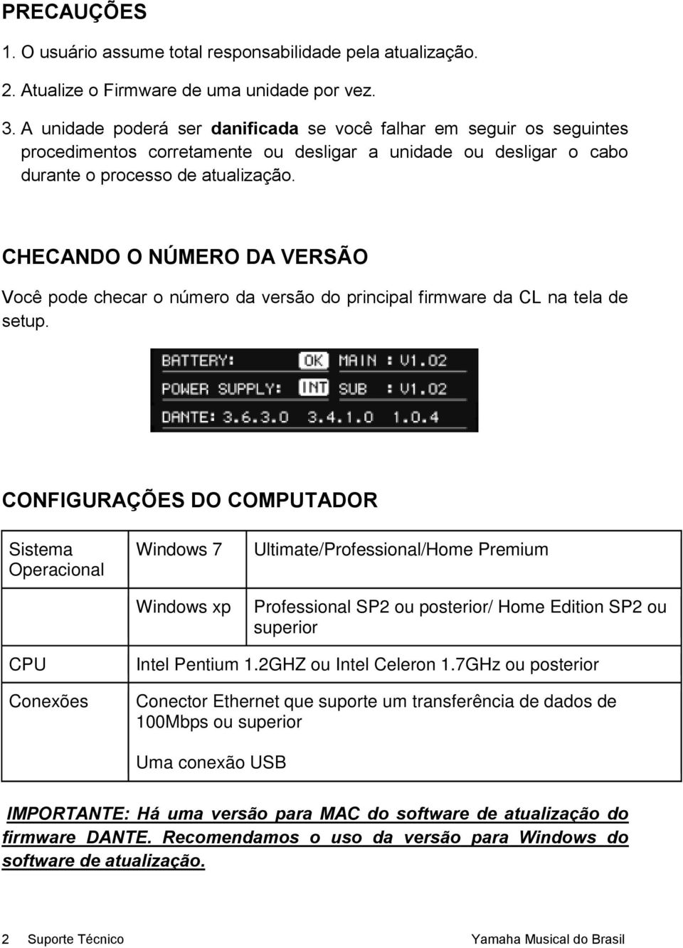 CHECANDO O NÚMERO DA VERSÃO Você pode checar o número da versão do principal firmware da CL na tela de setup.