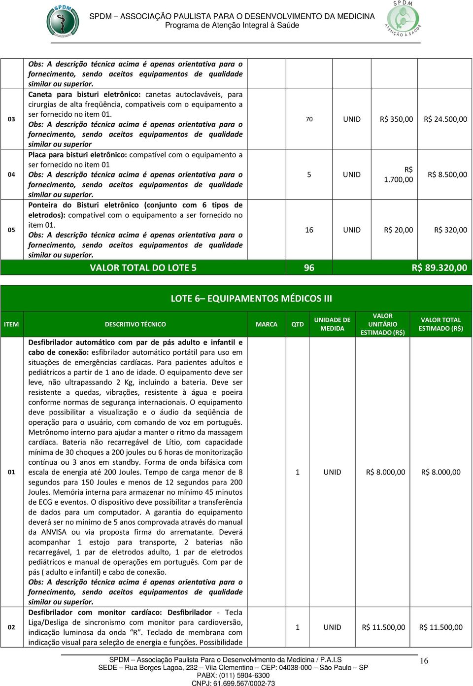 equipamento a ser fornecido no item 01. 70 UNID R$ 350,00 R$ 24.500,00 5 UNID R$ 1.700,00 R$ 8.500,00 16 UNID R$ 20,00 R$ 320,00 VALOR TOTAL DO LOTE 5 96 R$ 89.