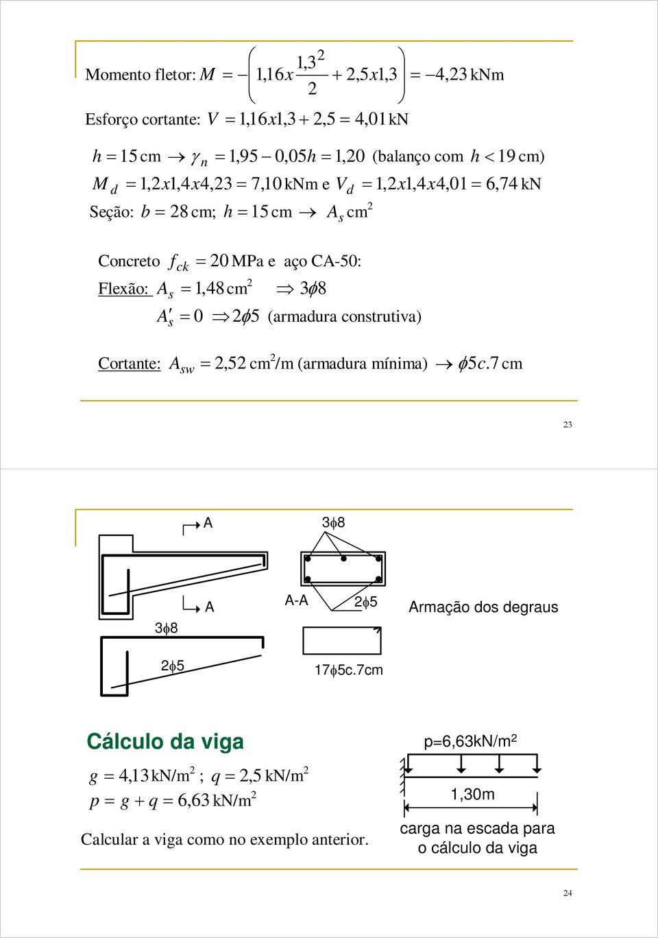 8 s = 0 φ5 (armadura construtiva) s Cortante: =, 5 cm /m (armadura mínima) φ5c. 7 cm sw 3 3φ8 3φ8 - φ5 rmação dos degraus φ5 17φ5c.