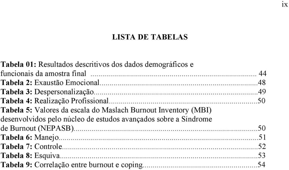 ..50 Tabela 5: Valores da escala do Maslach Burnout Inventory (MBI) desenvolvidos pelo núcleo de estudos avançados sobre