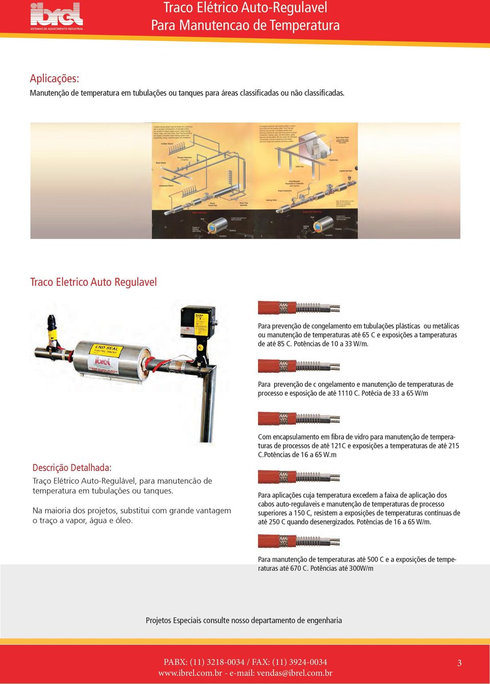 Potências de 10 a 33 W/m. Para prevenção de c ongelamento e manutenção de temperaturas de processo e esposição de até 1110 C.