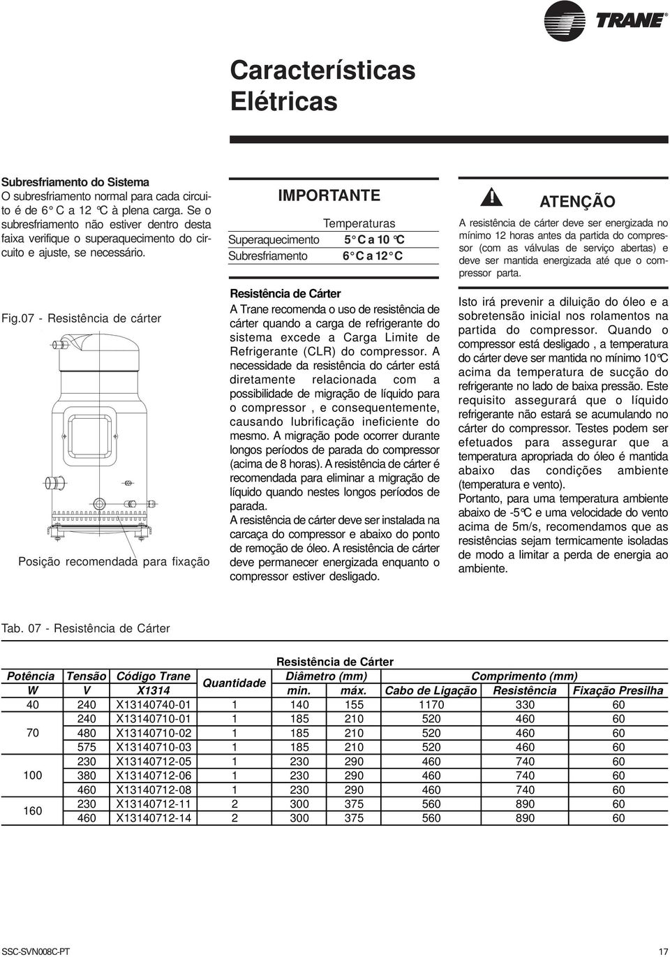 07 - Resistência de cárter Posição recomendada para fixação IMPORTANTE Temperaturas Superaquecimento 5 C a 10 C Subresfriamento 6 C a C Resistência de Cárter A Trane recomenda o uso de resistência de