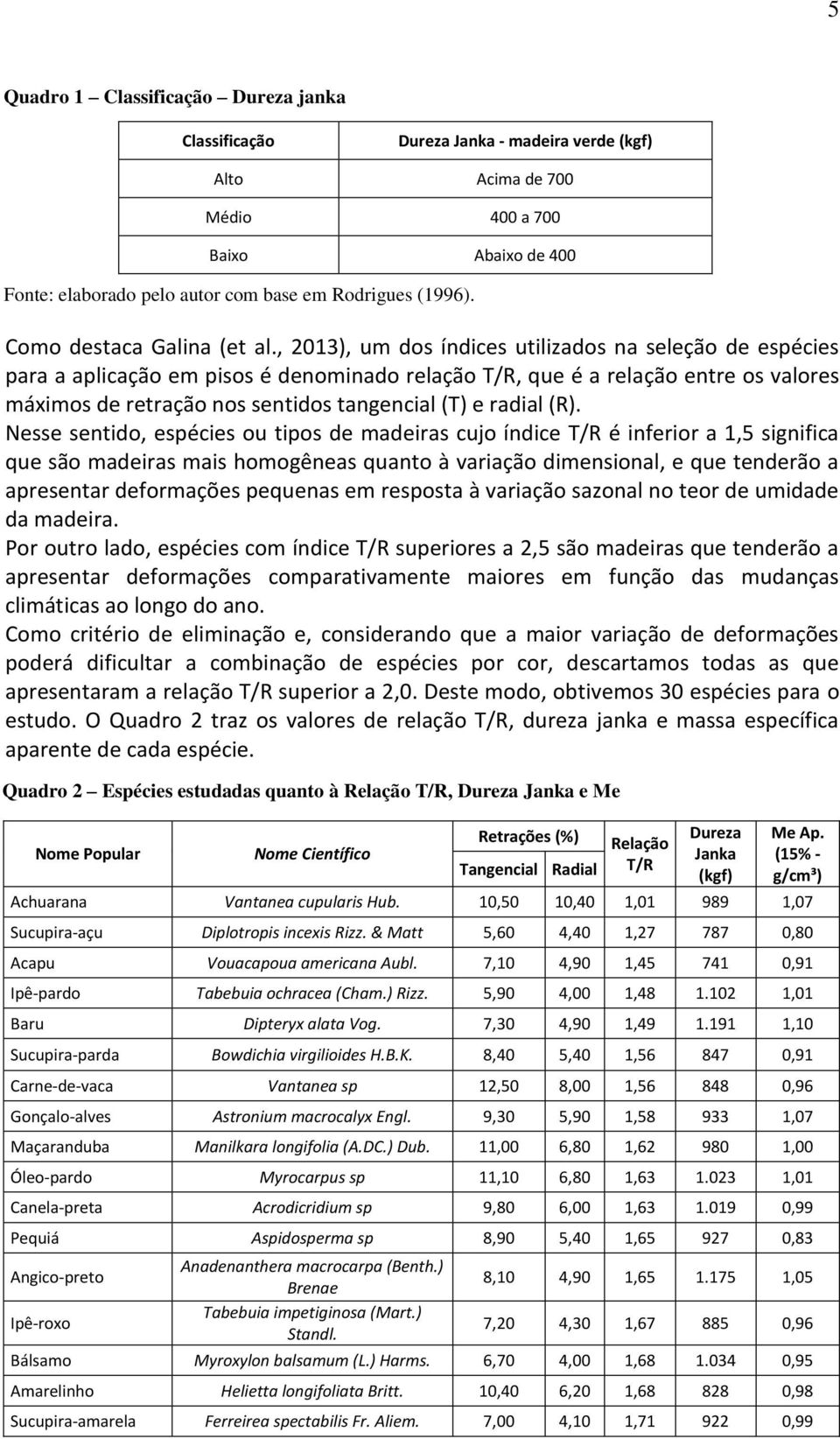 , 2013), um dos índices utilizados na seleção de espécies para a aplicação em pisos é denominado relação T/R, que é a relação entre os valores máximos de retração nos sentidos tangencial (T) e radial