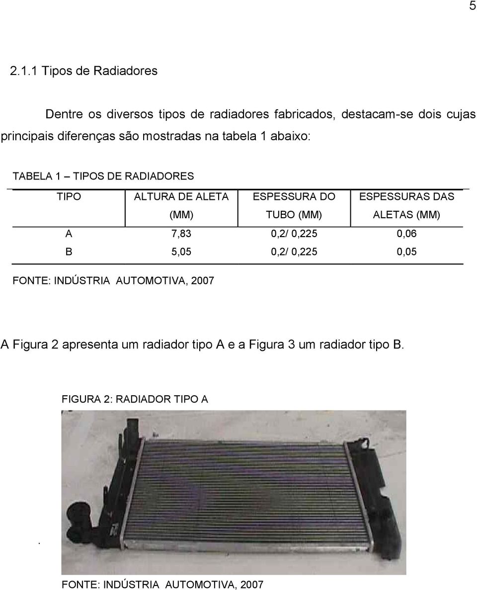 são mostradas na tabela 1 abaixo: TABELA 1 TIPOS DE RADIADORES TIPO ALTURA DE ALETA (MM) ESPESSURA DO TUBO (MM)