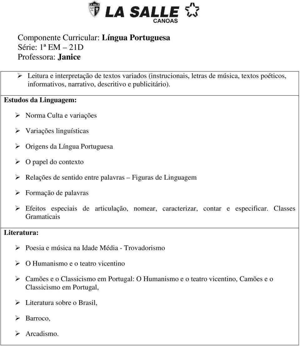 Estudos da Linguagem: Norma Culta e variações Variações linguísticas Origens da Língua Portuguesa O papel do contexto Relações de sentido entre palavras Figuras de Linguagem Formação de