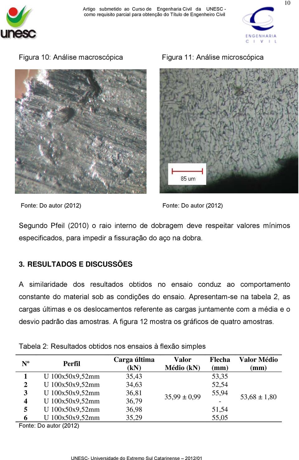 Apresentam-se na tabela 2, as cargas últimas e os deslocamentos referente as cargas juntamente com a média e o desvio padrão das amostras. A figura 12 mostra os gráficos de quatro amostras.