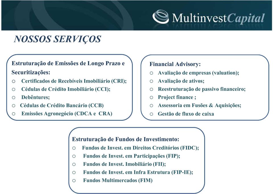 passivo financeiro; o Project finance ; o Assessoria em Fusões & Aquisições; o Gestão de fluxo de caixa Estruturação de Fundos de Investimento: o o o o o Fundos de Invest.