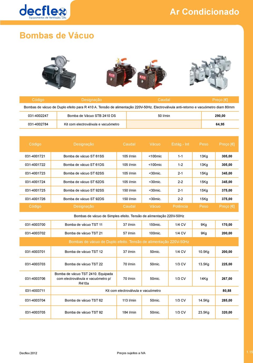 - Int Peso 031-4001721 Bomba de vácuo ST 61SS 105 l/min <100mic 1-1 13Kg 305,00 031-4001722 Bomba de vácuo ST 61DS 105 l/min <100mic 1-2 13Kg 305,00 031-4001723 Bomba de vácuo ST 62SS 105 l/min