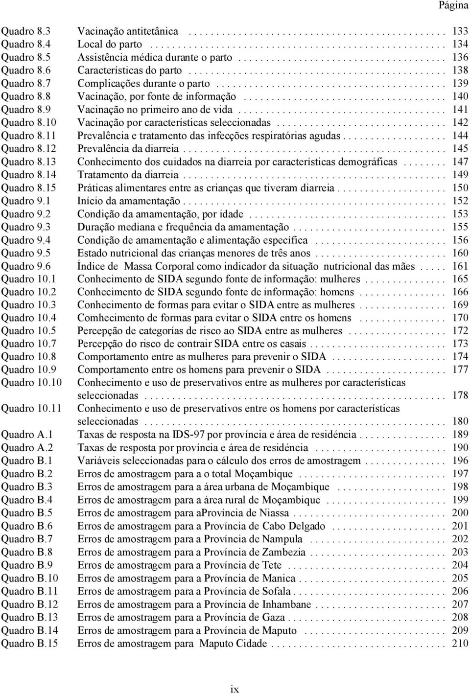 .. 142 Quadro 8.11 Prevalência e tratamento das infecções respiratórias agudas... 144 Quadro 8.12 Prevalência da diarreia... 145 Quadro 8.