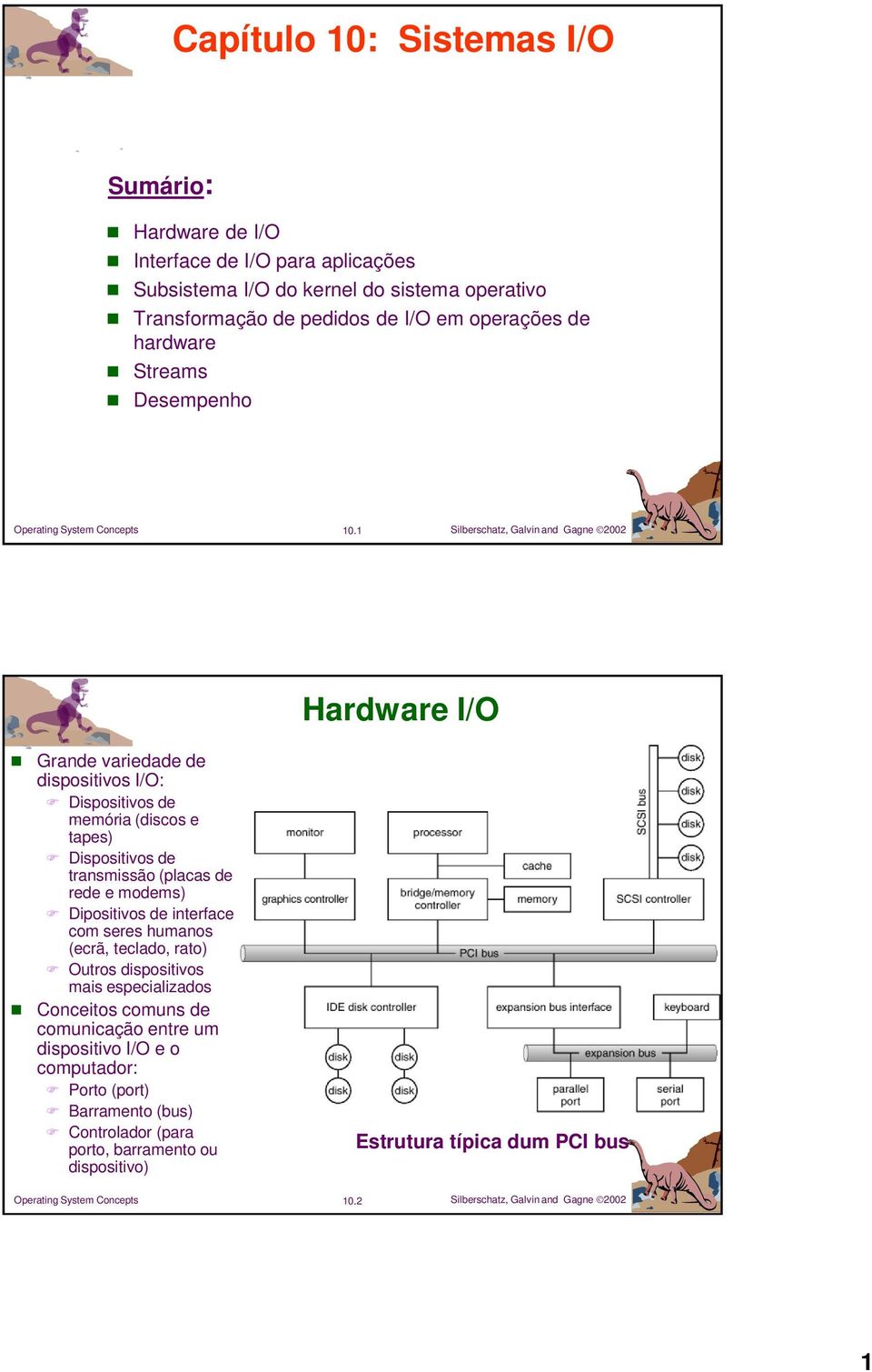 1 Hardware I/O Grande variedade de dispositivos I/O: Dispositivos de memória (discos e tapes) Dispositivos de transmissão (placas de rede e modems) Dipositivos de