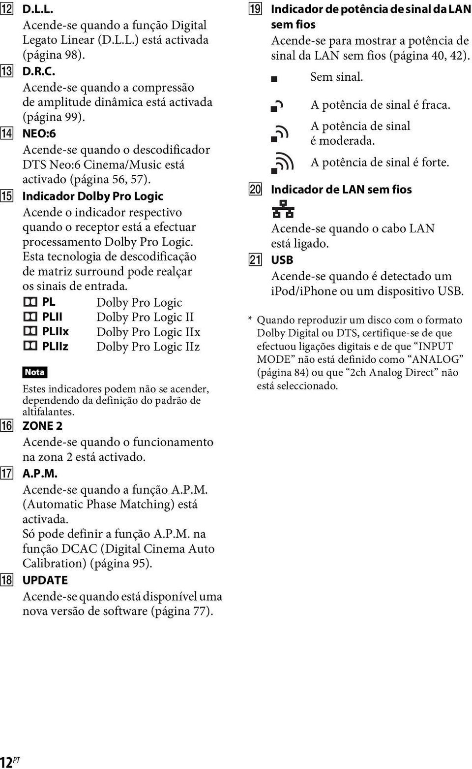 O Indicador Dolby Pro Logic Acende o indicador respectivo quando o receptor está a efectuar processamento Dolby Pro Logic.