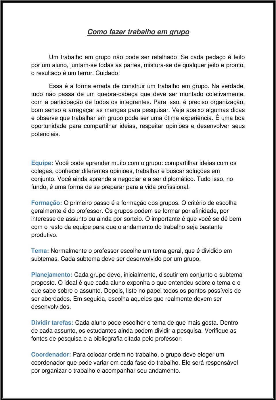 Na verdade, tudo não passa de um quebra-cabeça que deve ser montado coletivamente, com a participação de todos os integrantes.