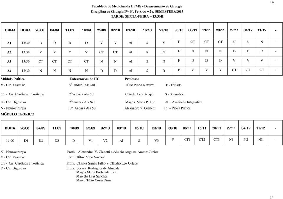 A2 13:30 V V V V CT CT AI S CT F N N N D D D - A3 13:30 CT CT CT CT N N AI S N F D D D V V V - A4 13:30 N N N N D D AI S D F V V V CT CT CT - Módulo Prático Enfermarias do HC Professor V - Cir.