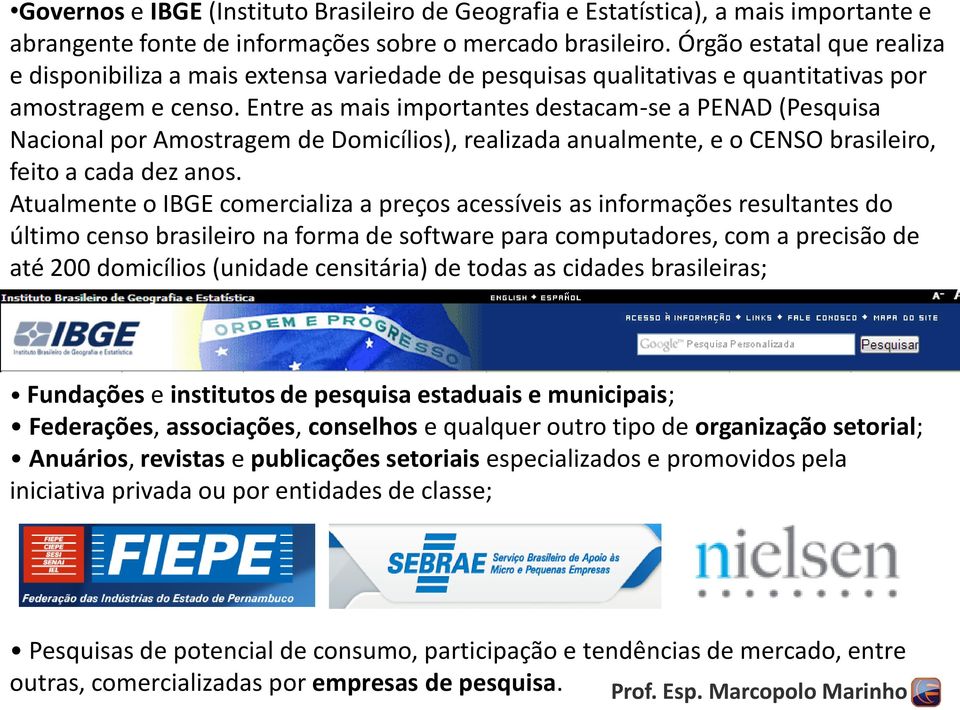 Entre as mais importantes destacam-se a PENAD (Pesquisa Nacional por Amostragem de Domicílios), realizada anualmente, e o CENSO brasileiro, feito a cada dez anos.