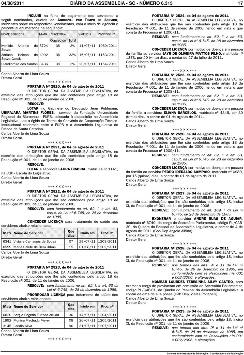 enumerados na seqüência: NOME SERVIDOR MATR PERCENTUAL VIGÊNCIA PROCESSO Nº Ivanildo Antonio de Souza Adriana Helena de Souza Gezak Concedido Total 5724 3% 3% 11/07/11 1069/2011 4992 3% 33% 16/07/11