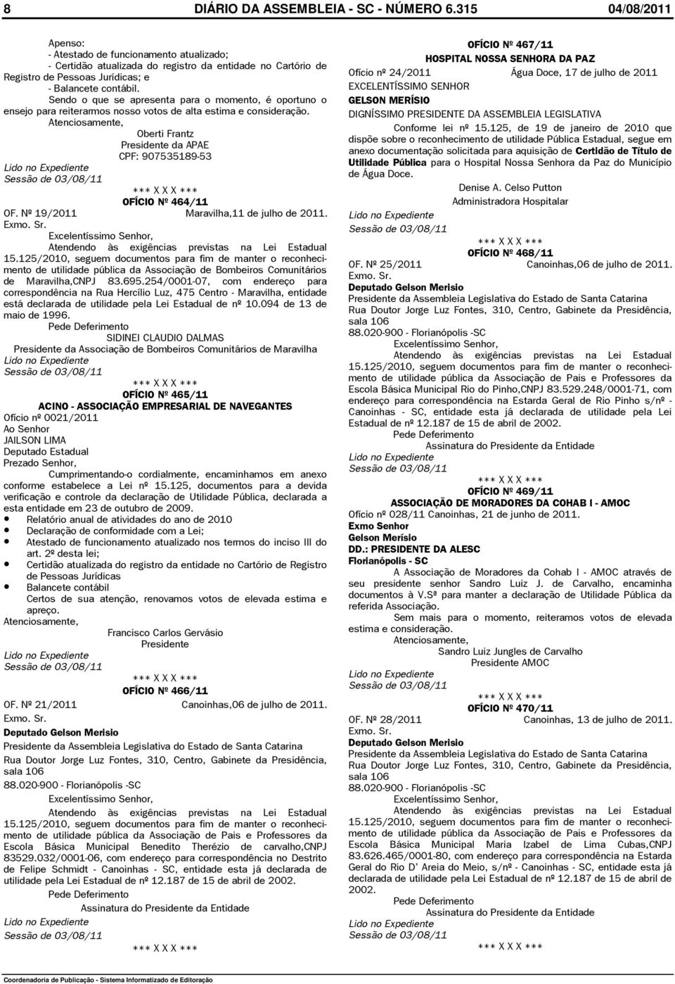 Jurídicas; e Ofício nº 24/2011 Água Doce, 17 de julho de 2011 - Balancete contábil.