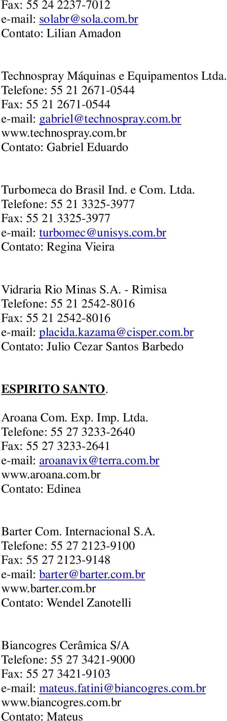 A. - Rimisa Telefone: 55 21 2542-8016 Fax: 55 21 2542-8016 e-mail: placida.kazama@cisper.com.br Contato: Julio Cezar Santos Barbedo ESPIRITO SANTO. Aroana Com. Exp. Imp. Ltda.